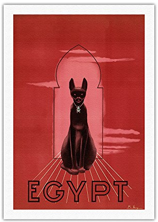 Egypt - Bastet (Bast) the Ancient Egyptian Black Cat Feline Goddess - Vintage Travel Poster by M. Azmy c.1947 - Fine Art Rolled Canvas Print 27in x 40in