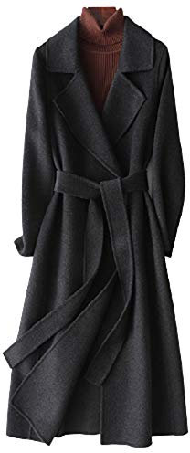GL SUIT Damen-Trenchcoat aus 100 % Wolle, für Herbst und Winter, einfarbig, Kaschmirmantel, schmal, warm, lange Ärmel, Cardigan, Jacke, Oberbekleidung mit Gürtel, Schwarz, Größe S