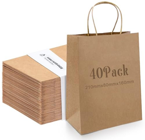 Anstore 40 Stück Papiertüten mit Henkel 16 * 8 * 21 cm,Geschenktüte, Partytüten mit Griff, Braune Kraftpapiertüte für Partybevorzugung, Verpackung, Anpassung, Tragen, Einzelhandel, Waren, Hochzeit