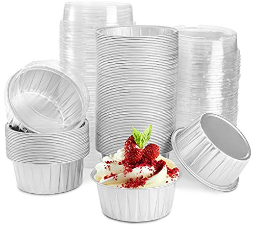 DEAYOU 100 Pack Aluminum Foil Muffin Cups Ramekins, 5oz Disposable Baking Cups with Lids, 3 Cupcake Baking Liners with Lids for Souffle, Creme Brulee, Pudding, Party, Wedding, Catering, Silver Color