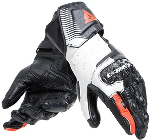 Dainese - Carbon 4 Long Lady Gloves, Lange Sport-Motorradhandschuhe aus Schafsleder mit Knöchelschützern aus Carbon, Frau, Schwarz/Weiß/Fluo-Rot, M