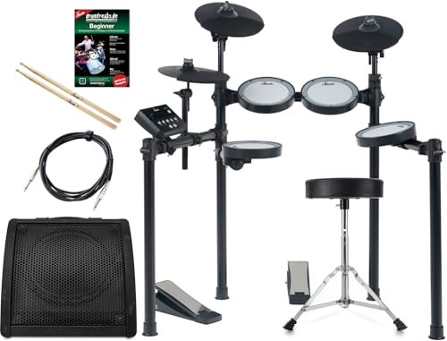 XDrum DD-460C E-Drum Kit Live Set - Kompaktes elektronisches Schlagzeug - 25 Kits und 15 Songs - Mesh Heads - Spar-Set inkl. Aktiv-Lautsprecher, Hocker, Kabel, Sticks und Schule - Schwarz
