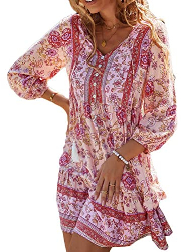 shownicer Damen Tunika Kleid 3/4 Ärmel V Ausschnitt Knopfleiste Blumendruck Boho Kleid Sommer Floral Hochzeitsgast Formales Boho-Midikleid
