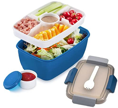 MUJUZE Bento Box Adultes Large, 2000ML Boîte Repas salade Lunch box durable, sans BPA, Bento Lunch Box avec couverts,Boîtes Repas Micro Onde Pour Les voyages école/travail/pique-nique(blue)
