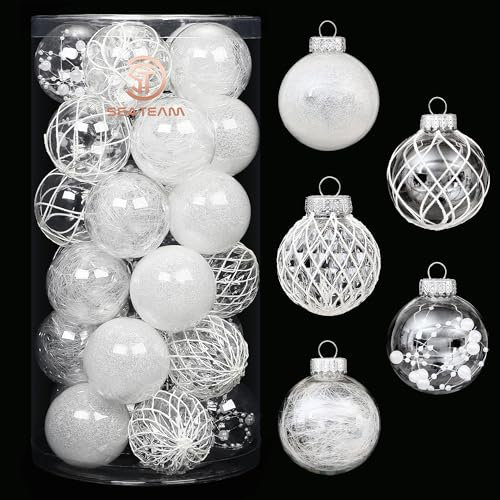 Sea Team 60 mm/2,36 Zoll bruchsicherer, durchsichtiger Kunststoff-Weihnachtskugel-Ornament-Set mit Glitzermalerei, transparent, durchsichtig, Kristallkugeln, Weihnachtsbaumschmuck (30 Stück)