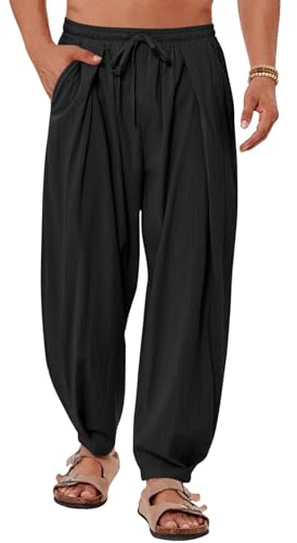 Gafeng Mens Linen Yoga Pants Elastic Waist Drawstring Summer Beach Loose Fit Casual Tapered Trousers Black
