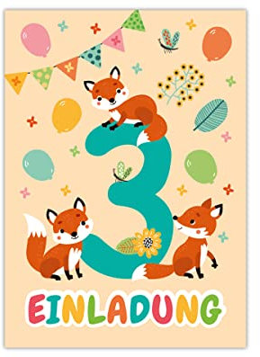 12 Einladungskarten zum 3. Kindergeburtstag dritte Geburtstag Mädchen Jungen Fuchs