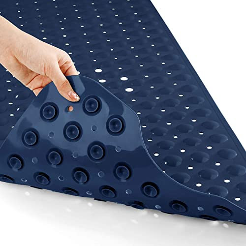 Yimobra Bath Mat 100 x 40 cm, Extra Long Non-Slip Shower Mats with Drain Holes and Suction Cups, Machine Washable, Bathtub Mats Ideal for Elderly & Children, Soft on Feet, Navy Blue