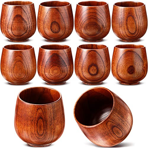Gerrii 10 Pieces Wooden Tea Cup Wood Coffee Mug Water Japanese Solid Drinking Teacup Glass for Wine, Beer, Milk, Hot Drinks, 6 oz