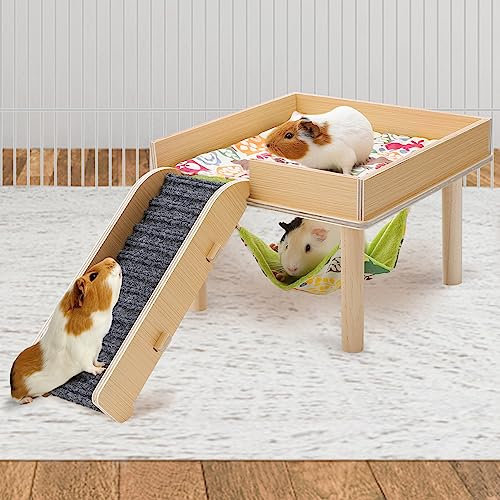 Meerschweinchen-Hängematte mit Plattform, sicheres Meerschweinchenversteck aus Holz mit Treppe, langlebiges kleines Haustierbett für Schweinchen, Chinchilla, Ratte, Hamster, Häschen (Einzelhängematte)