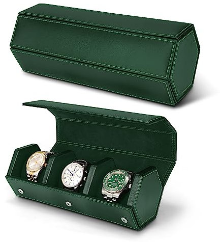 JQUEEN Uhrenrolle für 3 Uhren Hexagon PU Leder Uhrenbox Aufbewahrungsbox Reise Grün, Uhrengehäuse Geschenkbox für Herren Damen, Abnehmbaren Kissen