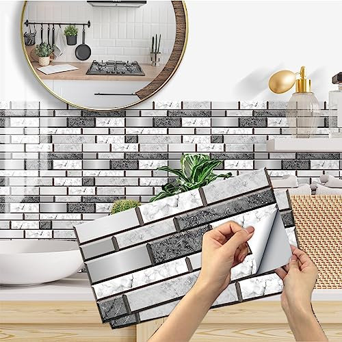12 Sheets Tile Stickers for Bathroom, BYLife Self Adhesive Wall Tiles Waterproof Stick on Tile 15x30cm Transfers Stickers Subway Tiles for Kitchen Home Decor DIY