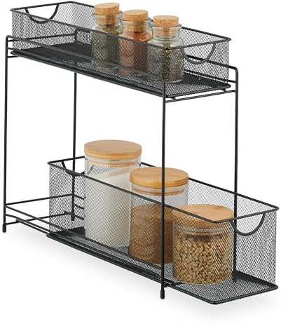 Relaxdays Küchenschrank Organizer, ausziehbares Unterschrank Regal, 2 Schubladen, Metall, HBT: 40 x 15 x 46 cm, schwarz