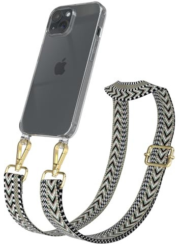 EAZY CASE - Handykette mit verstellbarem Trageriemen für iPhone 15 - Taschengurt zum Wechseln mit transparenter Handyhülle für iPhone 15 Hülle dünner Schulterriemen in Grün Schwarz Gold
