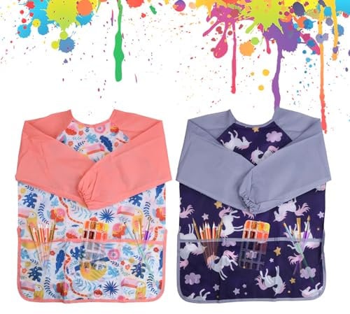 Bezavea Kids Art Aprons - 2 Pack, Long Sleeve, Waterproof for Children 3-8 Years, School, Painting, Cooking
