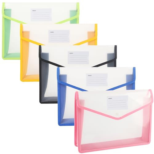 5 Stück Dokumententasche A5 Dokumentenmappe A5 Dokumententaschen Sammelmappen mit Druckknopf Kunststoff Umschlag Mappe Wasserdicht Sichttasche Dokumenten mit Karte für Schule Büro Dokument Reise