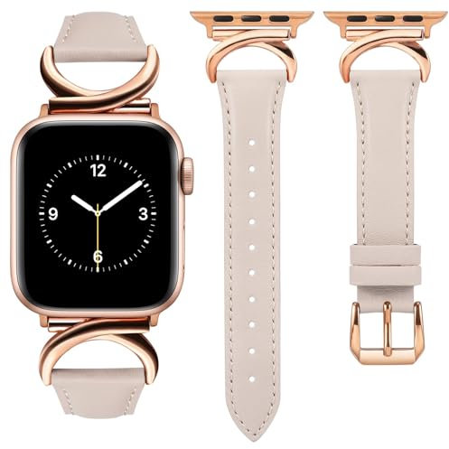 TOYOUTHS Lederarmband kompatibel mit Apple Watch Armband 44/45/46/49/42mm Damen, Schlank Elegant Dressy Armbänder mit C-förmiger Schnalle für iWatch 10/9/8/7/6/5/4/3/SE/Ultra 2, Polarstern/Rose Gold