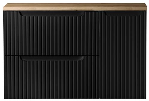 Lomadox Badezimmer Waschtisch-Unterschrank 90cm, in schwarz mit Eiche, gerillte Front, grifflos
