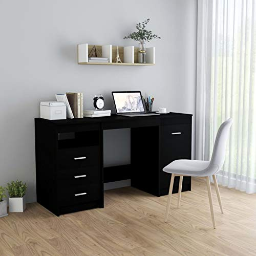 Homgoday Schreibtisch aus technischem Holz, schwarz, 140 x 50 x 76 cm, Computertisch, Jugendtisch mit Schubladen und Schränken