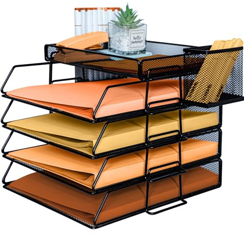 PLSOPPKG Wire Mesh in Trays, 4-Tier Metal Mesh Letter Tray Desk Organiser, Stackable Office Tidy File Holder With Top Stationery Holder, Desk Organizer for Office, School and Home