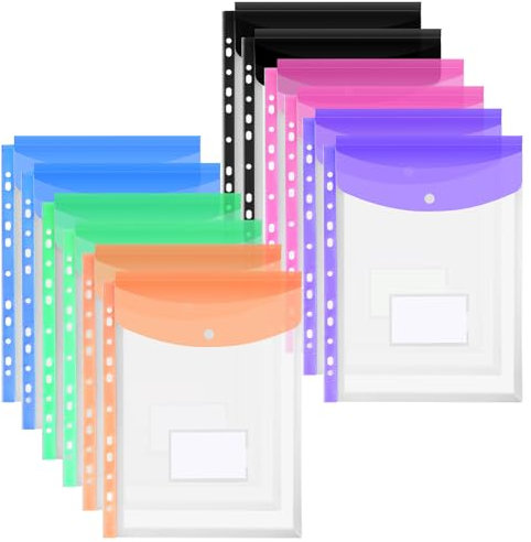 OFFCUP Tasche Perforate Espandibili, 12Pcs Portafogli A4 Cartelle in Plastica, Custodia Per Documenti in Plastica Trasparente A4 con Bottoni Automatici ed Etichette, 6 Colori (Sezione Verticale)
