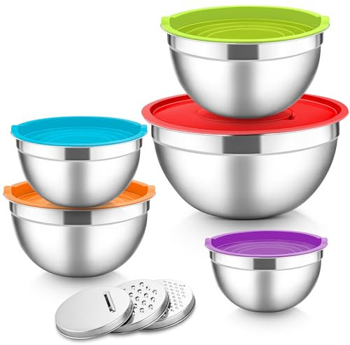 Herogo Lot de 5 bols mélangeurs multicolores en acier inoxydable avec couvercles hermétiques - Saladier en métal avec 3 râpes pour préparer, pâtisserie, servir, stocker, mélanger - Passe au