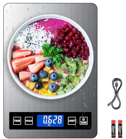 GRAM PRES Food Scale Rechargeable, 22lb Digital Kitchen Scale Weight Grams and oz with Timer & Hold Function for Cooking Baking, 1g/0.1oz Precise Graduation, Stainless Steel and Tempered Glass