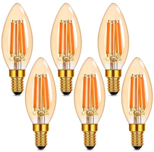 Hcnew E14 Dimmbar Kerze LED Lampe für Kronleuchter, 6W(Max.6.5W) 806 Lumen ersetzt 60 Watt,2700K Warmweiß Vintage LED Filament Glühlampen,Braunglas,6 Stück