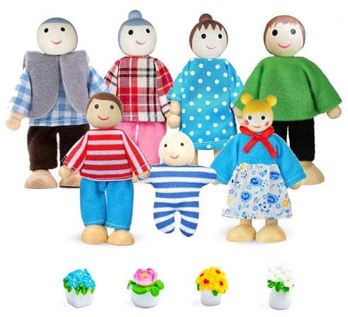 XSYKJGS Puppenhaus Puppen 11 Stück Hölzerne Puppenfamilie für Puppenhaus, Biegepuppen mit Pflanzen Töpfe für Puppenhaus Zubehör Geschenk