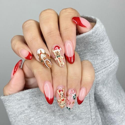 24pcs Christmas French Tip False Green Nails With Christmas Press On NailsChristmas FakeNails With Cute ChristmasCandy Cane Festival HolidayNails French Tip ChristmasStick OnNails