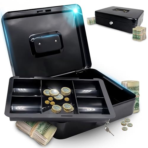 Retoo Geldkassette Abschließbar 30 x 24 x 9 cm mit Münzgeldeinsatz & 2 Schlüssel aus pulverbeschichtetem Stahl, Feuerschutzkassette mit versenkbarer Griff & Sicherheits-Zylinderschloss