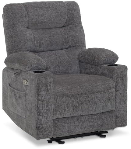M MCombo Relaxsessel mit Liegefunktion, Fernsehsessel Elektrisch Verstellbar, TV Sessel, Recliner Chair, Chenille Stoff, USB & Getränkehalter, Wohnzimmer, 7033 (Grau)