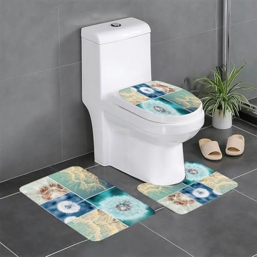 KGDHY Badezimmermatten-Sets 3-Teilig,Pusteblumen mit vierfarbigem Hintergrund. Verwelkter Löwenzahn im Frühling.,Bad und WC-Vorleger-Set,rutschfeste Badezimmerteppiche wasserabsorbierende