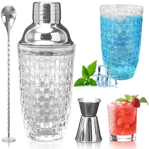 LUPATDY Coctelera de cristal, juego de coctelera de 400 ml, mezclador de cristal con vaso medidor de acero inoxidable y pala, coctelera para el hogar, bar, vino, zumos de frutas mixtas, bebidas, plata