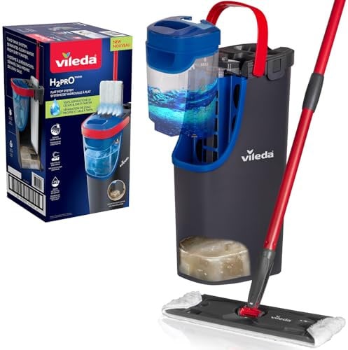 Vileda H2Pro Sistema de mopa Plana, Separación de Agua Limpia y Sucia, Diseño Que Ahorra Agua, Manejo con una Sola Mano, Almacenamiento Compacto, Mango ergonómico, Potencia de Microfibra