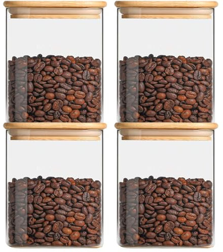 Pykrudo 4 Pack Glass Storage Jars with Airtight Bamboo Lid, 850ml Square Glass Kitchen Canisters, Clear Container for Coffee Bean Storage, Dry Goods, Cookie, Candy, Tea, Spices