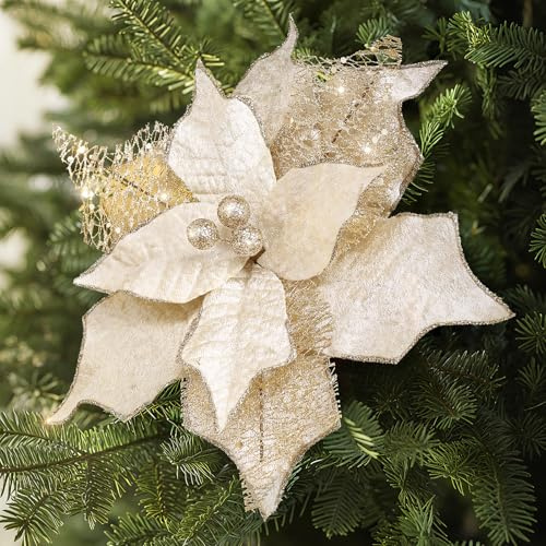 Alupssuc 20 Pcs Poinsettia Blumen, 9 Zoll künstliche Weihnachtsblume, Funkelnde Dekoration für Weihnachtsbaum, Blumenschmuck für Weihnachten/Haus/Neujahr/Party, Champagner Gold