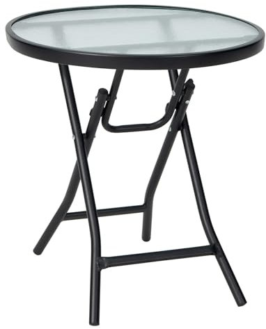 FANTASK Klappbar Beistelltisch, Klein Balkontisch wetterfest mit Tischplatte aus gehärtetem Glas, Kaffeetisch für Balkon, Garten, Terrasse, 46 x 46 x 47 cm, Transparent + Schwarz