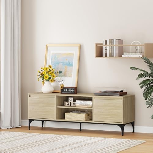 [en.casa] Meuble TV Support Télé avec 2 Compartiments de Rangement Ouverts et 2 Portes Passages de Câbles Intégrés Stable Élégant Salon Chambre Moderne Métal MDF 140 x 40 x 50 cm Effet Chêne Clair