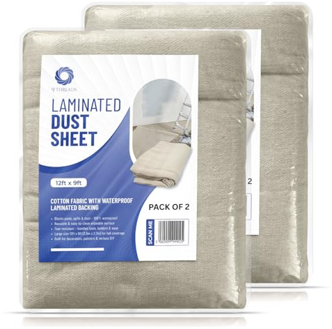 9Threads Laminated Cotton Dust Sheets 12'x9' (3.6m x 2.7m) | Washable & Reusable Drop Cloths for Painting & Decorating | Paint Cover Sheets for Furniture & Floors (Laminated Cotton Pack of 2)