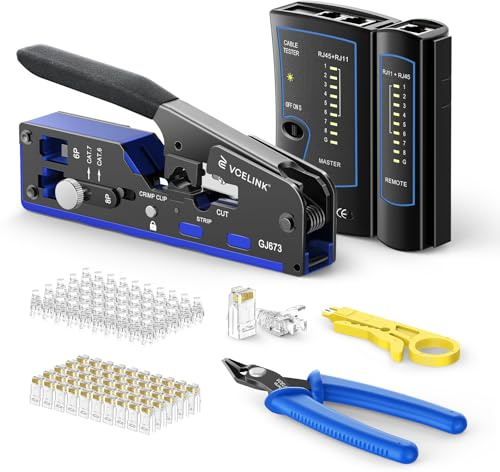 VCELINK Upgraded Pass Through RJ45 Crimp Tool Kit for CAT7/6/5 End | All-in-One Network Crimper | with 50-Pack Cat6 RJ45 Connectors, Strain Relief Boots, Cable Tester, Wire Stripper and Cutter