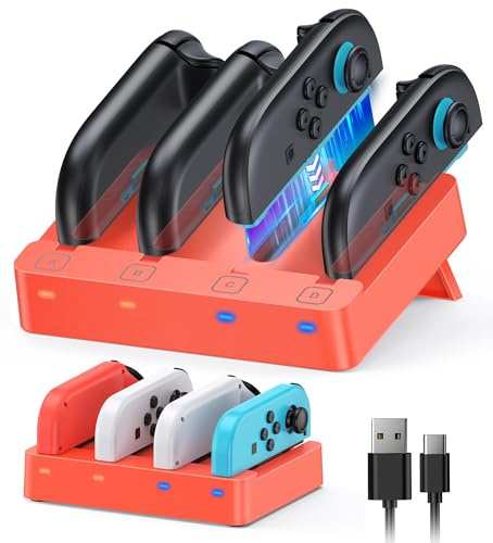 [Fit für Switch 2&1] 8 in 1 Controller Ladestation für Nintendo Switch 2/Switch1/OLED Modell Zubehör, WAXITY Schnelle Magnetische Horizontale Ladegerät für Joy Con 2&1 mit USB Ladekabel(Orange)