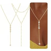 2 Stück Goldkette Damen Lang, Y Kette Gold 14k mit Zirkonia Anhänger, Lariat Halskette für Frauen, Schmuck für Frauen, Lange Kette Gold Layered, Halskette Damen Gol Lang, Geschenk für Frauen Mädchen