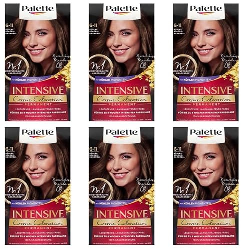 6x Palette Intensiv Creme Coloration 6-11 Kühles Schokokaramell permanente Haarfarbe für leuchtende langanhaltende Farbbrillanz Für bis 8 Wochen intensiven Farbglanz,115ml (6er Pack)
