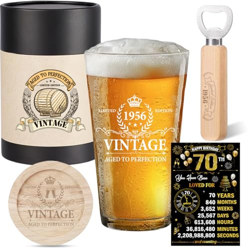 JoyAura 70th Birthday Gifts for Men - 1956 Born Vintage Beer Glasses Gifts Set with Bottle Opener, Wooden Coaster, Unusual 1956 Greeting Card and Gift Box for Mens Husband Dad Brother Colleague