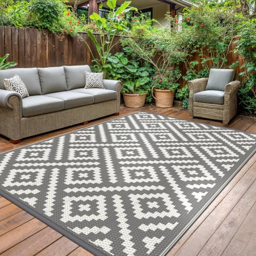 GENIMO Outdoor Teppich Wetterfest 180x275cm Plastik-Strohhalm Matte | UV-bestandig Camping Teppich Waschbarer Outdoor Teppiche fur Garten, Balkon,Pool, Deck, Hinterhof, Grau Weiß