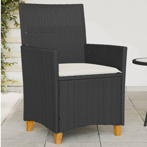 Owoxanthellate Gartenstuhl Set 2er Schwarz Poly Rattan Massivholz 59x61x90 cm Sitzkissen Cremeweiß UV-beständig für Balkon Terrasse und Garten