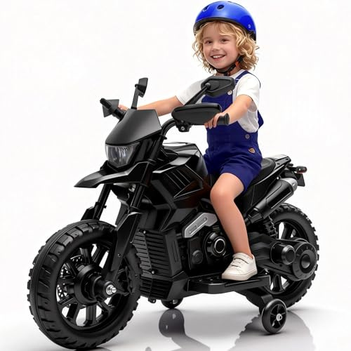Moto elettrica per bambini 6 V per 3-6 anni, Moto elettrica stabile con ruote di apprendimento, Batteria 6 V4 Ah, Fari LED e Musica, Giocattolo per bambini fino a 25 kg