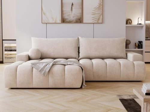 GRAINGOLD Havi Ecksofa 270x170 cm, L-Form Sofa, Ecksofa für Wohnzimmer, Veloursstoff, 4-Sitzer Eckcouch, Ecksofa mit Stauraum und Bettfunktion, Modernes Design (Hellbeige, Links)