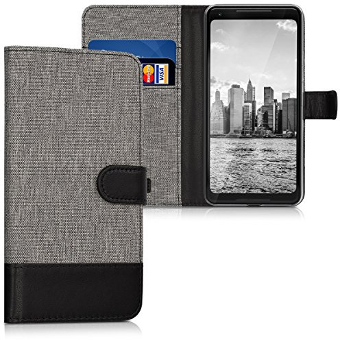 kwmobile Wallet Case kompatibel mit Google Pixel 2 XL - Hülle mit Ständer - Handyhülle Kartenfächer Grau Schwarz